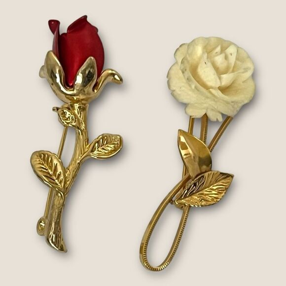 Set of 2 vintage flower brooches gold - Picture 1 of 4